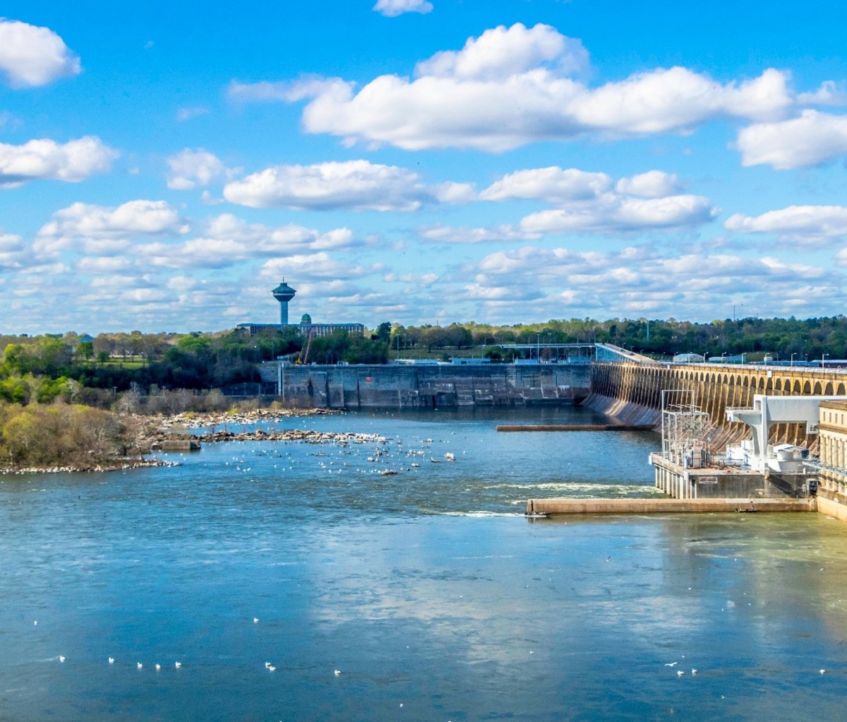 A view across the Tennessee River to the city of Muscle Shoals, Alabama. A large dam is on the right.